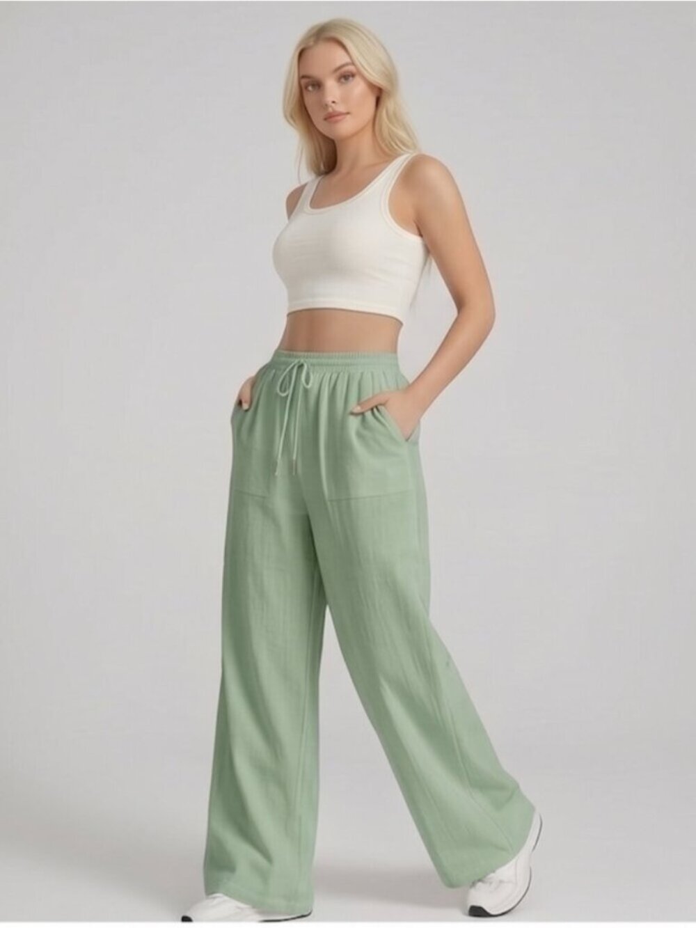 100% Cotton Drawstring Waist Wide Leg Pants Mint Green